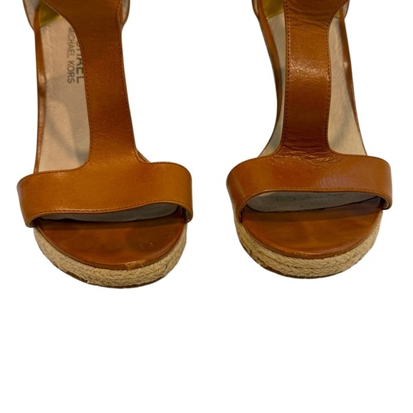 Michael Kors Women's MK Plate Wedge Espadrilles Luggage Leather Logo Size 7.5 - Picture 3 of 9